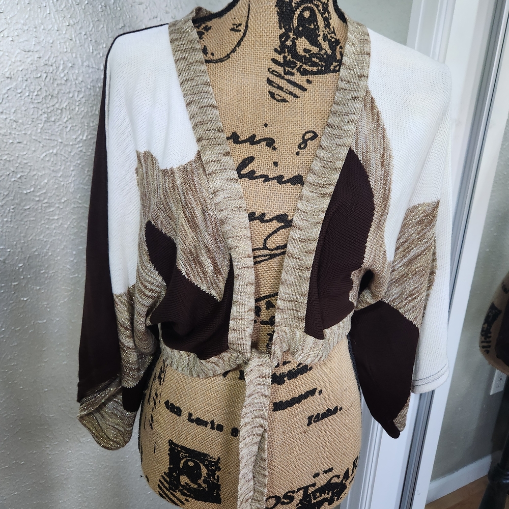 Cream and Brown Knit Open Shrug
